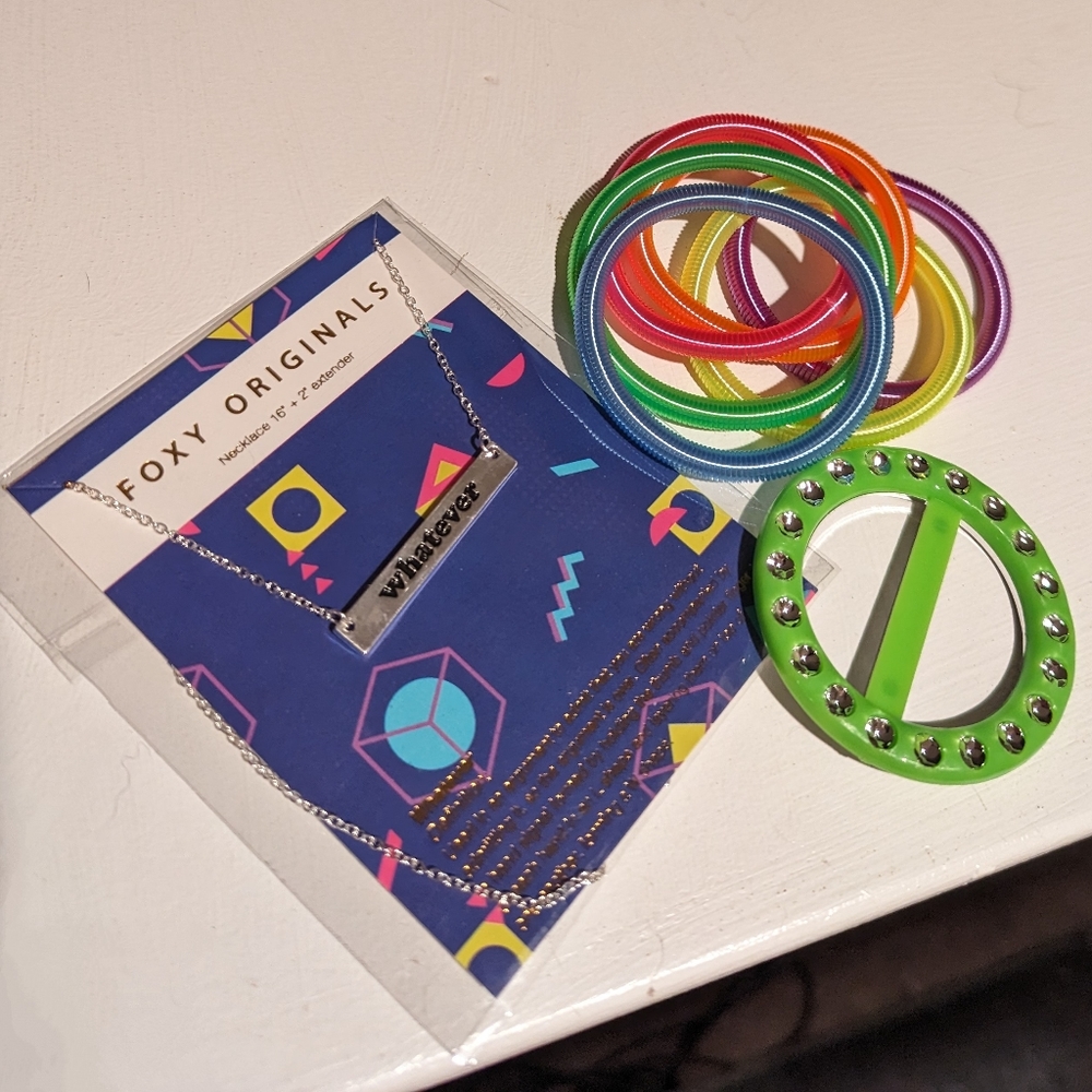 80's bundle - "Whatever" necklace - neon coil bracelets - neon t-shirt cinch